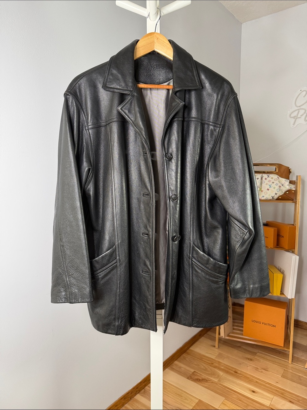 Unisex Black Leather Button-Front Jacket